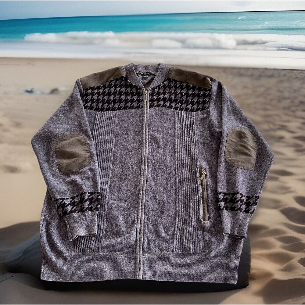 SilverSilk Sweater Knit Zip Cardigan Elbow Patch Blues / Gray Pockets Mens  XXL